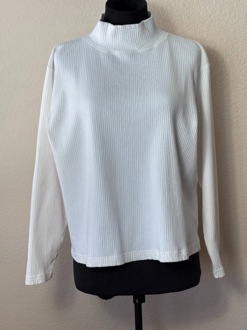 Dressbarn XL White Ribbed Mock Neck Cotton Stretch Long Sleeve Top